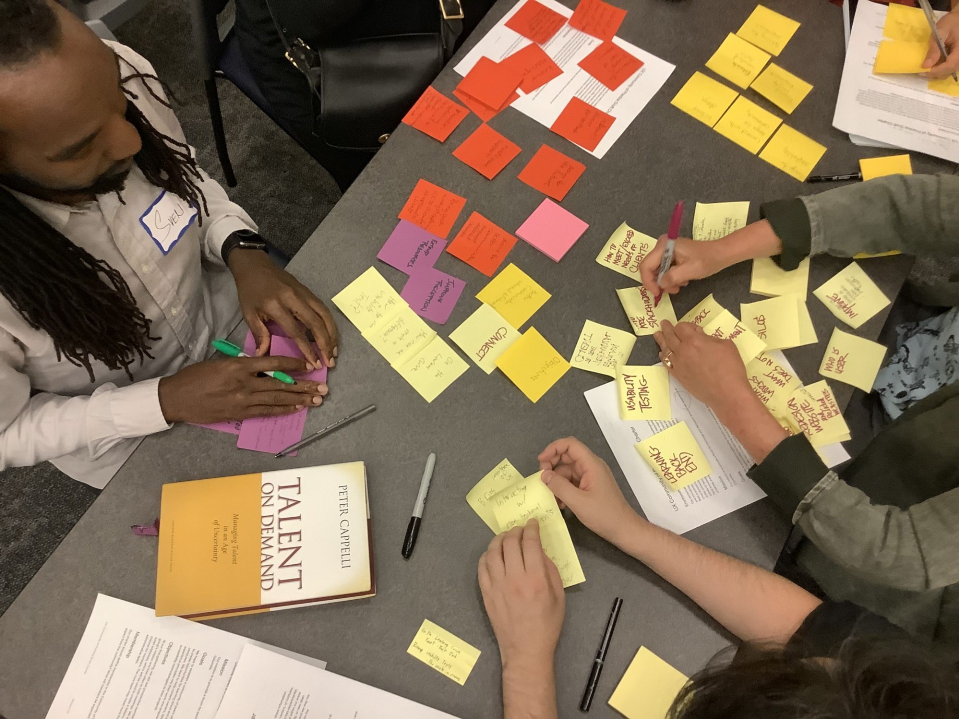 Three people sitting around a table with sticky notes and a book "Talent on Demand"