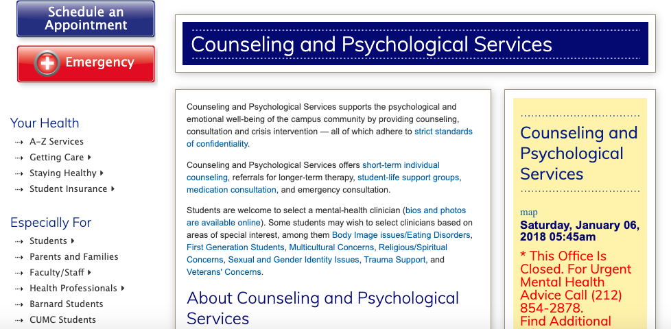 Old Health Website Counseling and Psychological Services Page