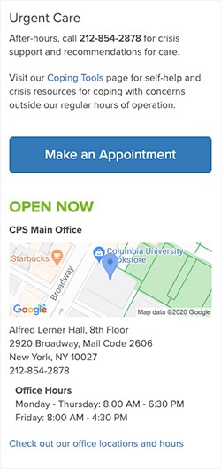 open now sidebar with info on urgent care, make an appointment, google map and open hours