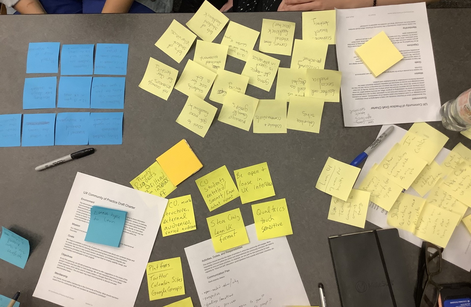 Blue and yellow sticky notes sprawled on a table