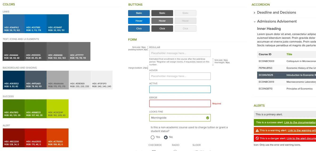 the alpha style guide for Columbia website aesthetics and features